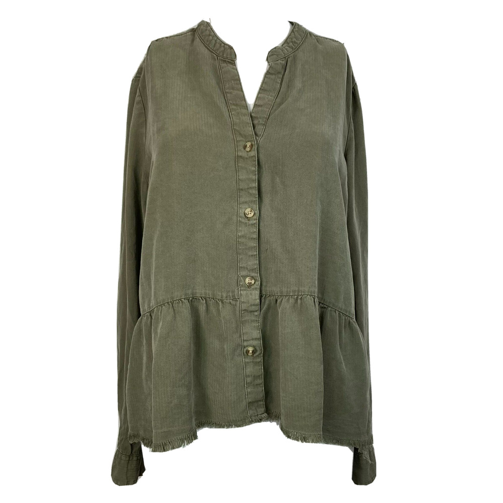Harper‎ Womens Olive Green Button Up Top Sz M Long Sleeve Ruffle Hem Fringe